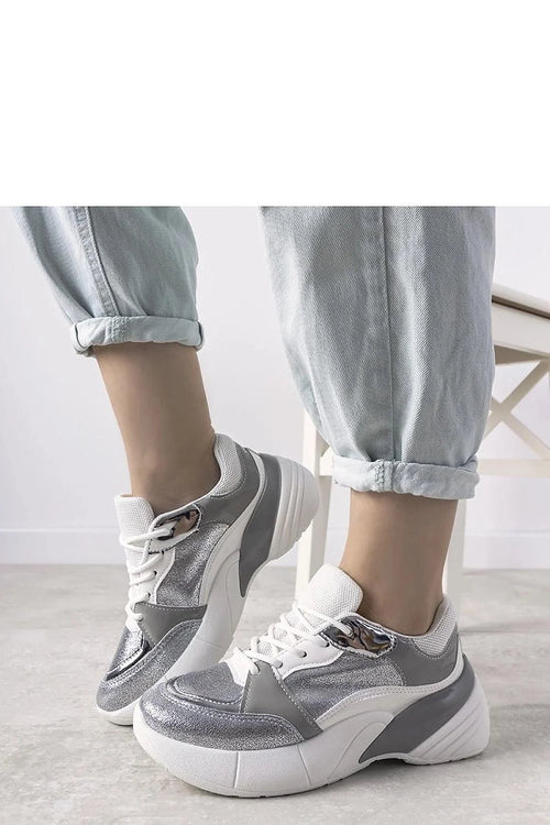 baskets femme chunky lacets silhouette low top semelle plateforme épaisse talon compensé amorti maintien empeigne blanc argent similicuir mesh pailleté