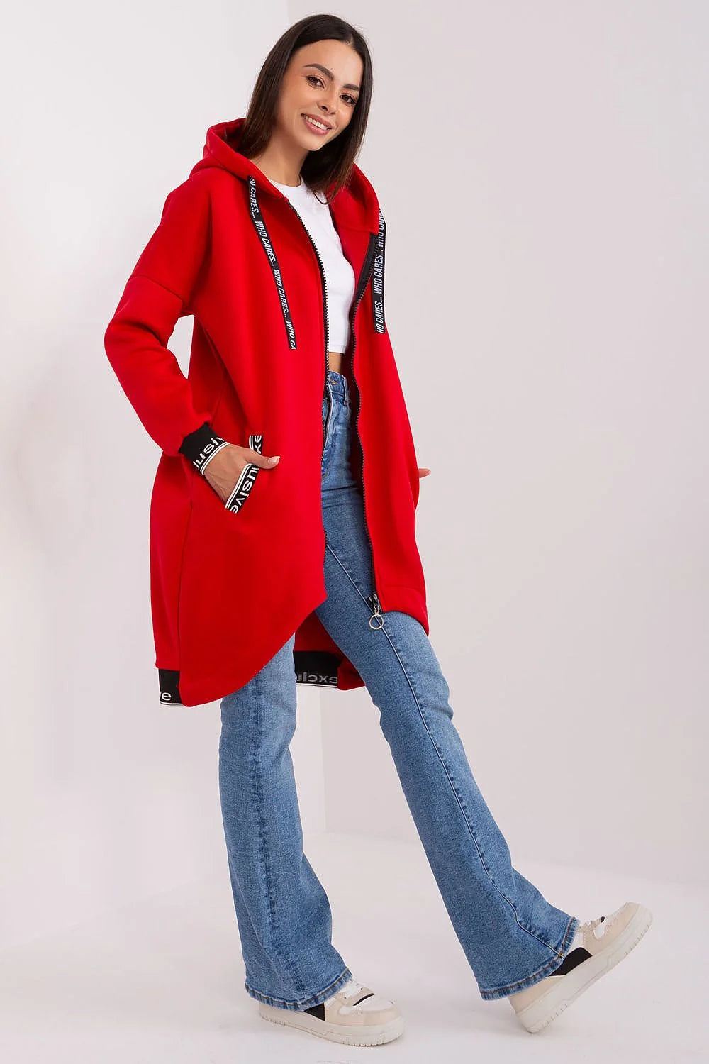 Sweatshirt long oversize streetwear femme couleur rouge vif coton 90% elasthann capuche fermeture éclair poches latérales