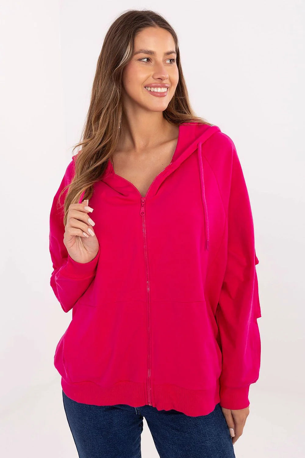 sweat zippé capuche femme fuchsia vif coupe oversize molletonné coton stretch confort poches kangourou manches longues côtelés polyvalent quotidien casual