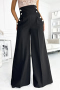 Pantalon élégant pour femme à jambe large taille haute boutons perles noirs confortables structurés modernes classiques occasionnels professionnelles et soirées