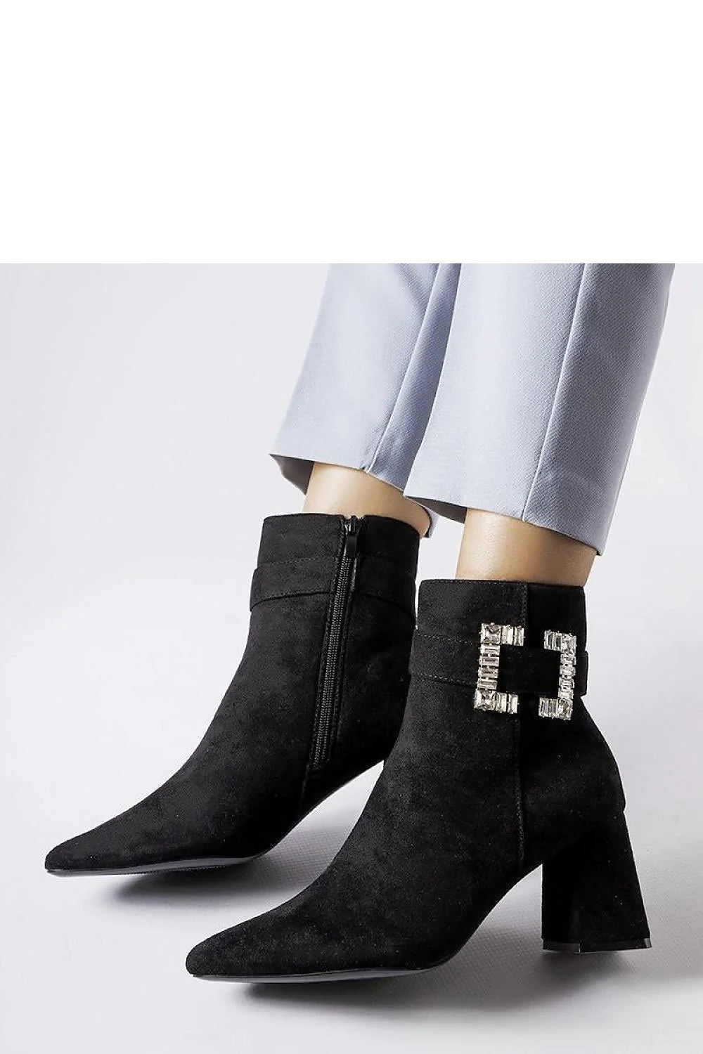 Bottes à talons carrés élégantes pour femmes, cuir suède noir, détails cristal, fermeture éclair latérale, confort et style