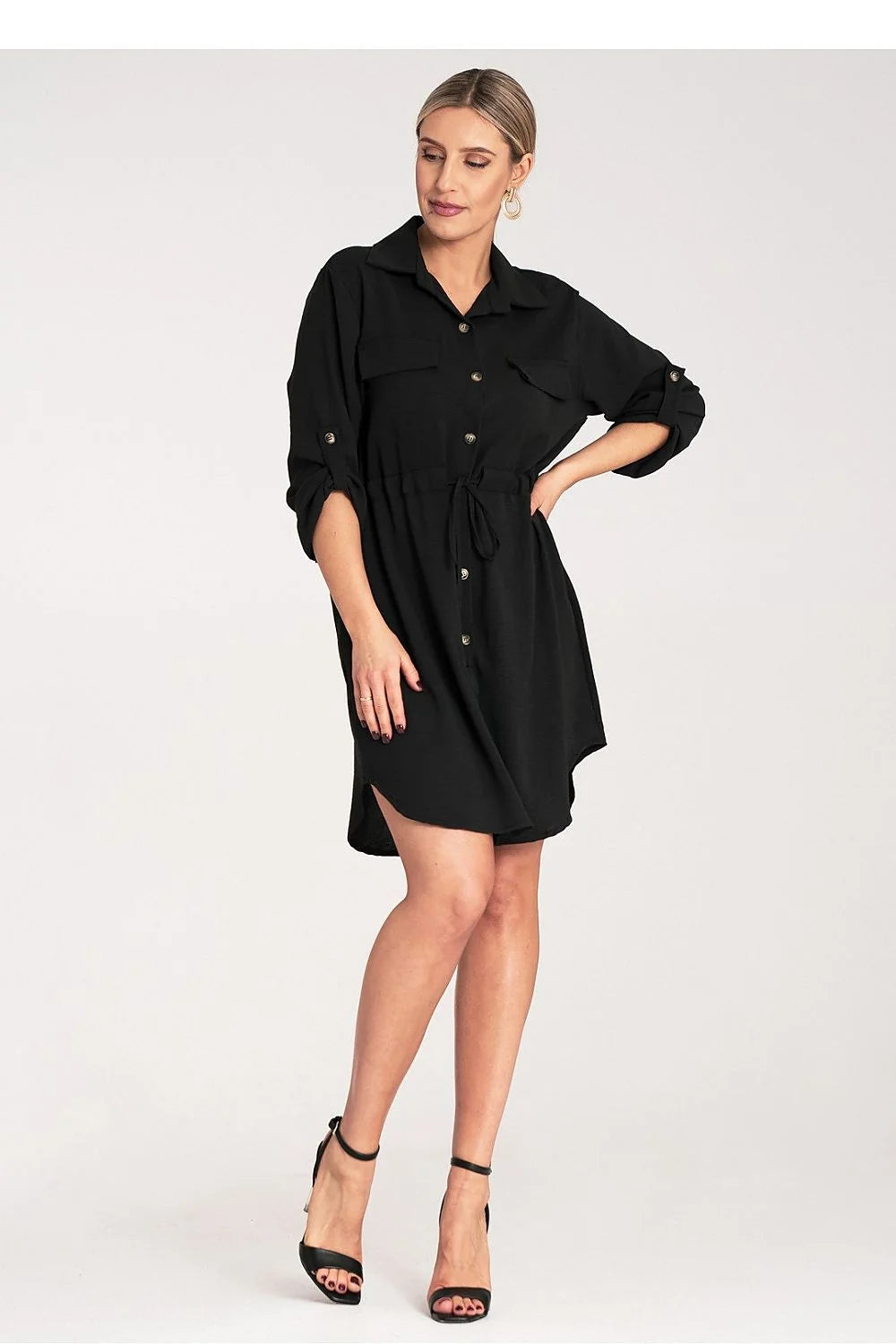 Robe de jour Figl style décontracté sophistiqué robe chemise manches longues ajustables taille ajustable tissu noir femme