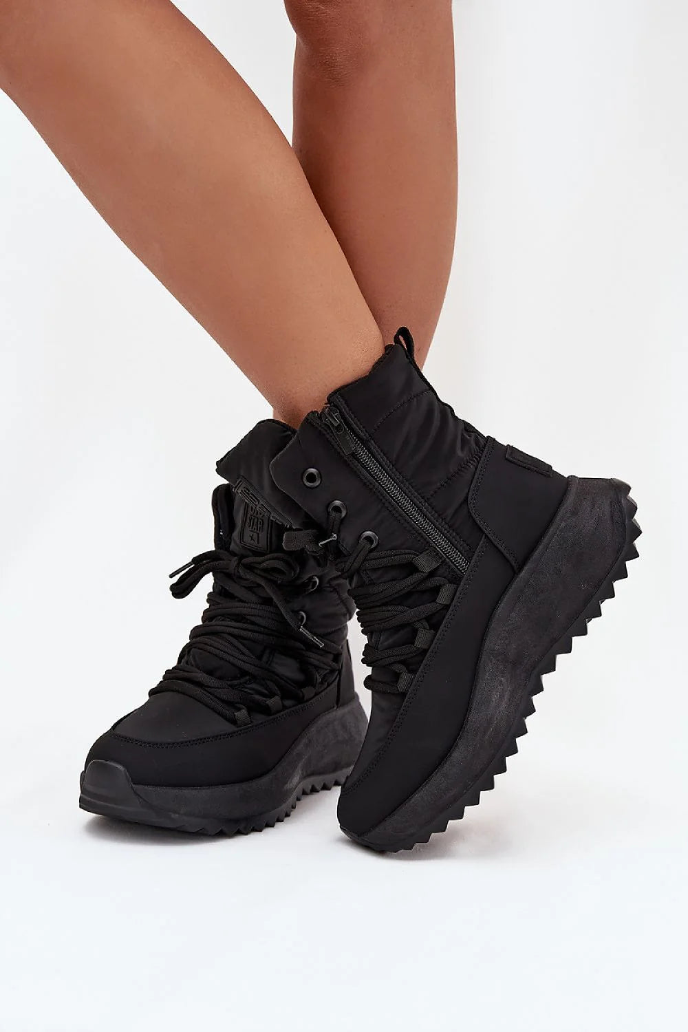 bottes BigStar chaudes montantes noires chunky semelle plateforme crantée rembourrées fourrure synthétique cuir écologique zippées lacets antidérapantes isolantes confortables urbaines