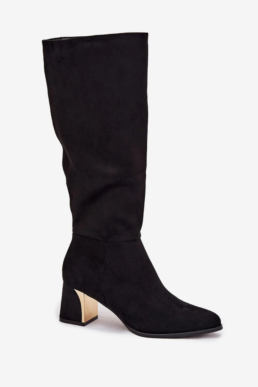 bottes hautes suédine écologique noires genou bout amande pointues froncées silhouette élancée talon bloc moyen doré miroir fermeture éclair pratique