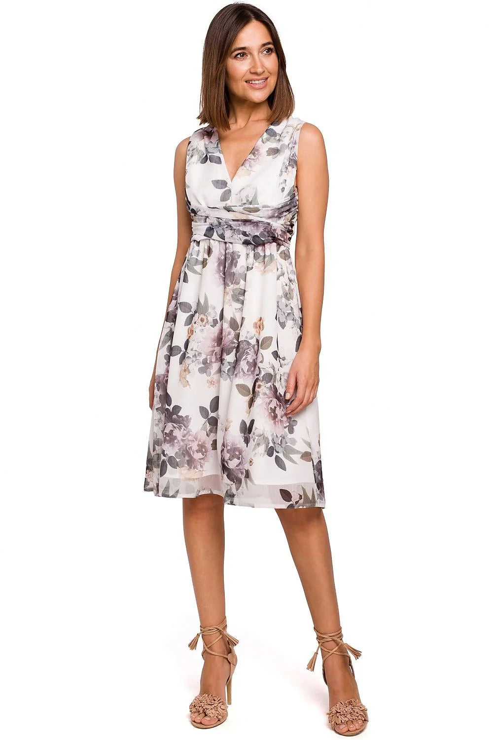 robe midi sans manches décolleté plongeant drapé froncé taille cintrée ceinture décorative tissu polyester fluide imprimé floral bleu pastel romantique