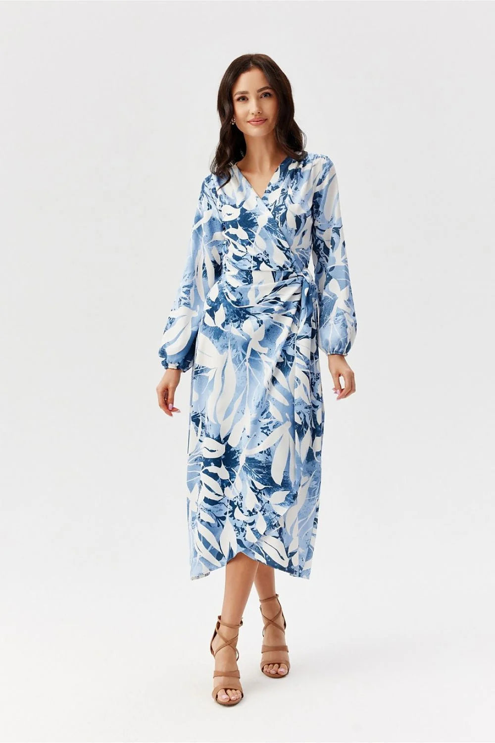 Robe de jour élégante Roco Fashion midi manches longues col V profond ceinture intégrée polyester femme