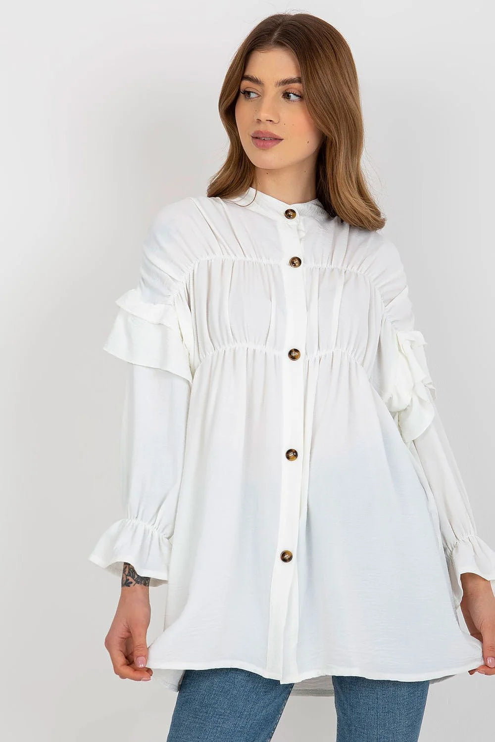 Chemise manche longue Och Bella pour femme, coupe ample, volants, Polyester 100%, élégante, moderne, occasions multiples