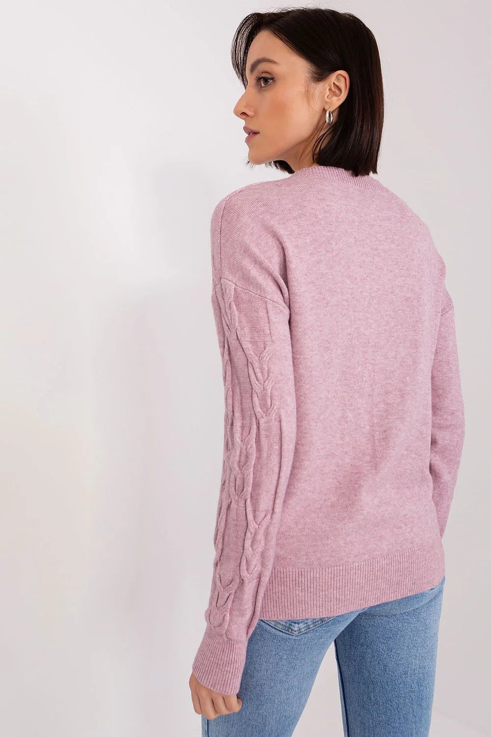 Pull pour femme Chandail AT en viscose nylon PBT motif torsadé rose pâle coupe ample manches longues encolure ronde