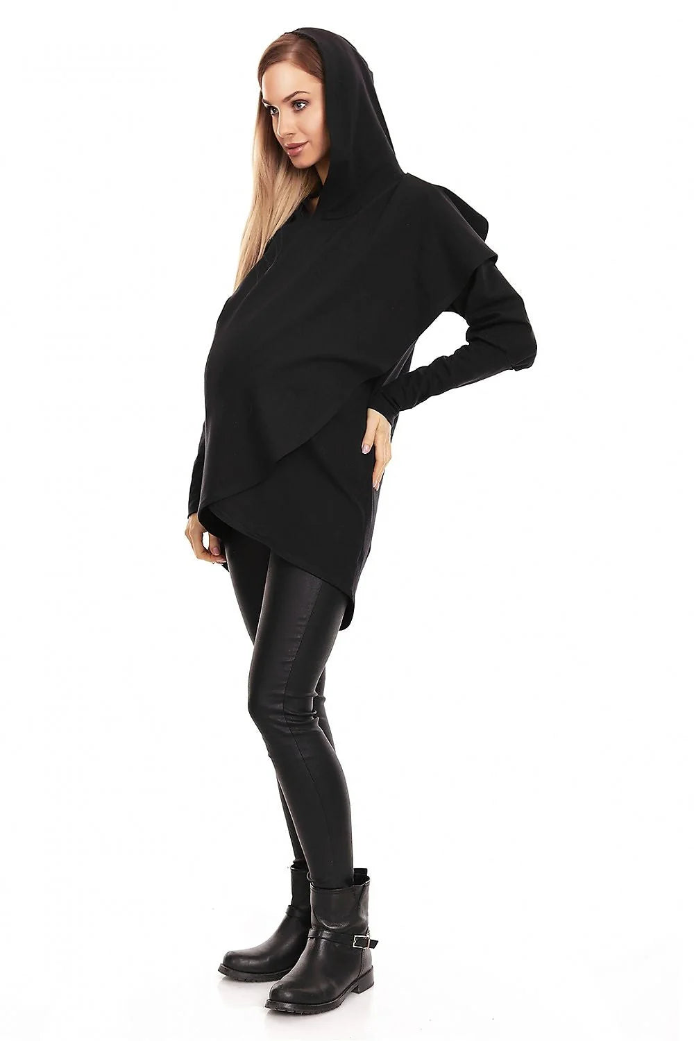 Sweatshirt de grossesse asymétrique à capuche en coton rouge profond, manches longues, coupe semi-ajustée pour femmes enceintes