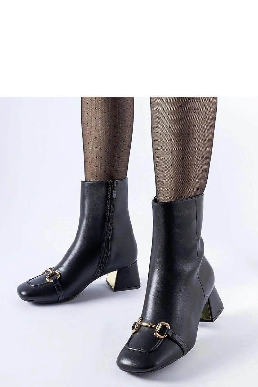 Bottes à talons bloc cuir noir doré métal bout carré fermeture éclair talon stable femmes élégance mode