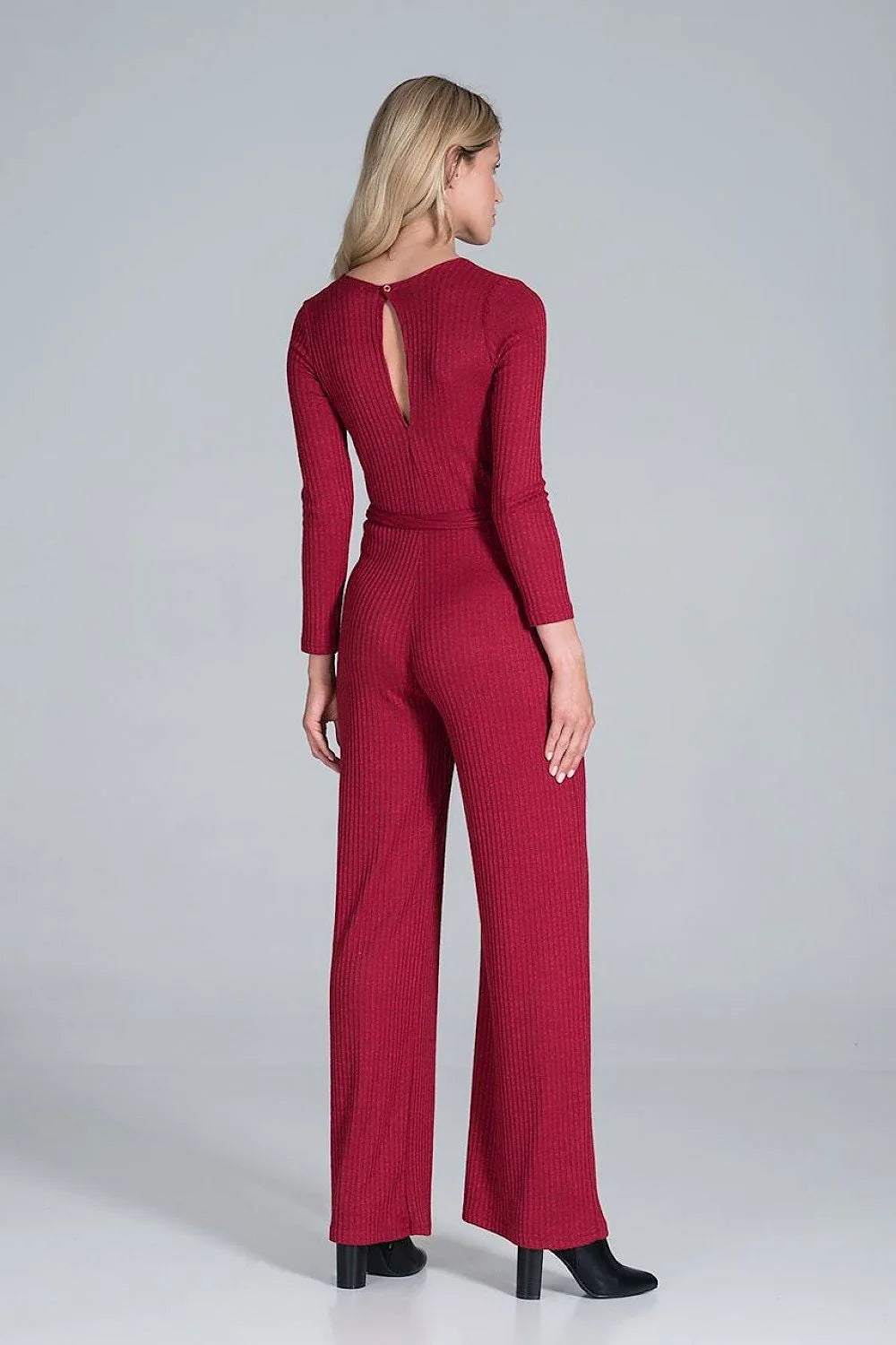 Combinaison élégante maille côtelée bordeaux moderne ajustable manches longues jambes larges ceinture assortie femme