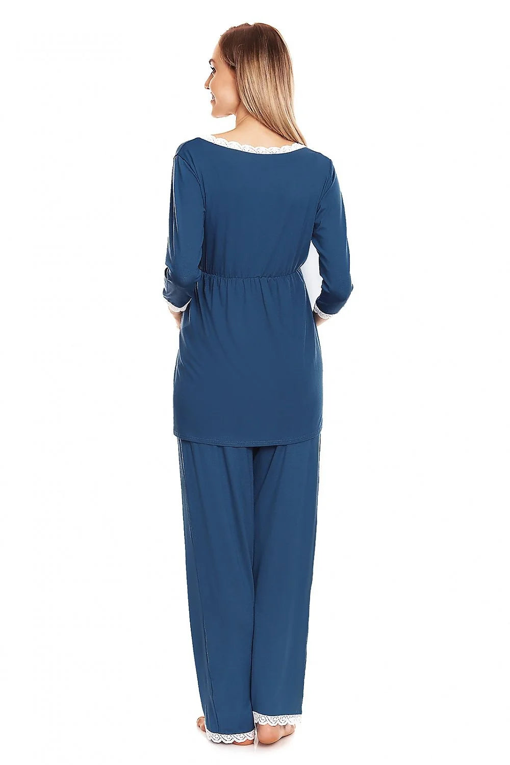 pyjama maternité allaitement cachecoeur dentelle bleu profond confort doux viscose élasthanne chemisier col V manches troisquarts pantalon ample taille élastiquée