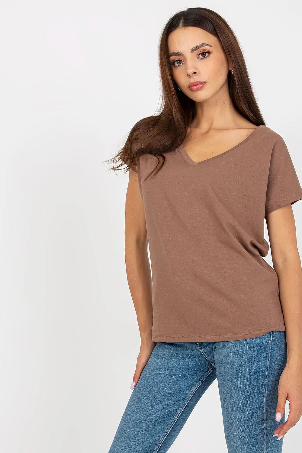 T-shirt femme décontracté couleur marron terre V-neck coton élasthanne loose quotidien