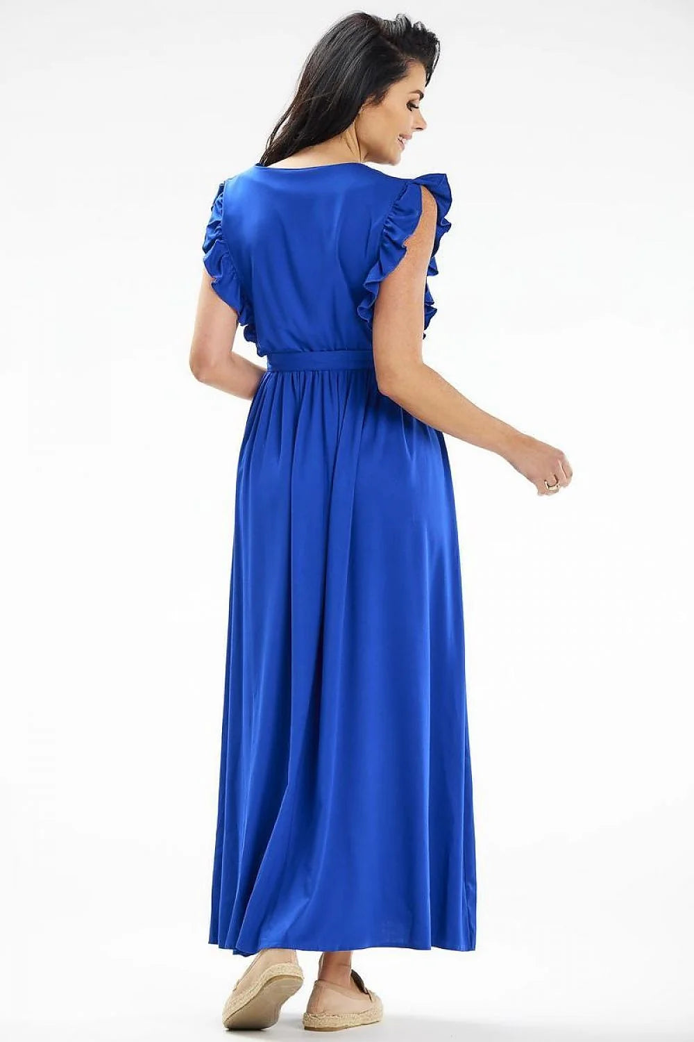 Robe de jour élégante longue manches courtes en V puff sleeves taille élastique couleur bleu cobalt femme