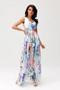 Robe de jour Roco Fashion longue en mousseline floral pastel V-dos large bretelles taille ajustée occasion été élégant femme