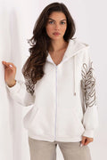 sweatshirt femme capuche zippé molletonné blanc oversize poches kangourou cordon manches longues brodées motif feuilles marron coton élasthanne confortable