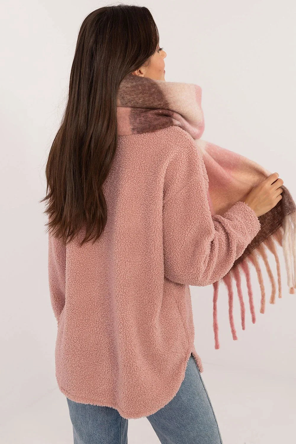 Écharpe et veste en sherpa pour femme, motif dégradé rose, crème et brun, style casual, texture douce