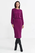 Robe de jour chic moderne pour femme, style élégant, manches longues, col rond, taille élastique, longueur midi, maille douce, couleur prune, occasion semi-formelle, robe polyvalente