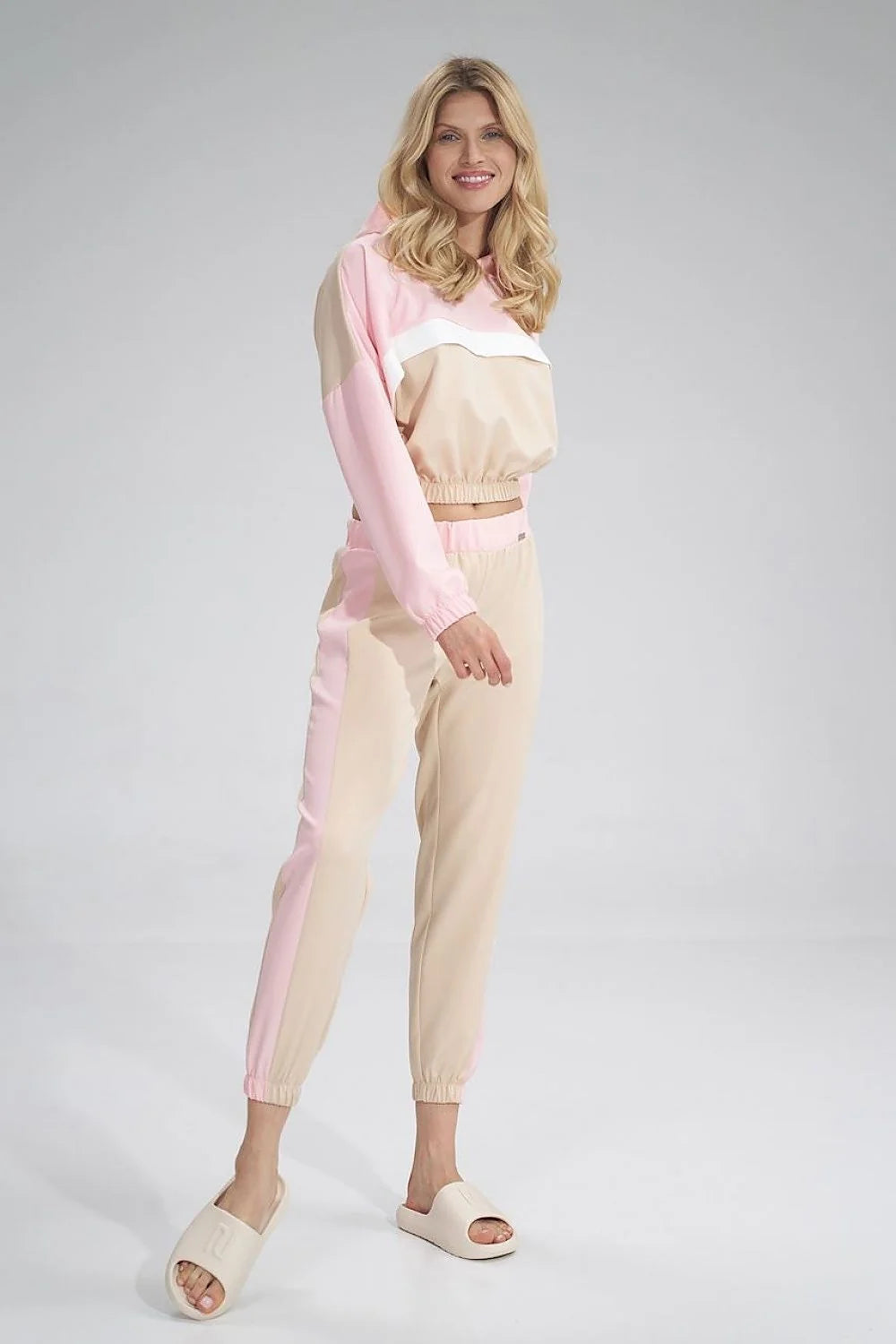 Pantalon survêtement femme tissu synthétique décontracté blanc élégant bandes carreaux confort ceinture élastique
