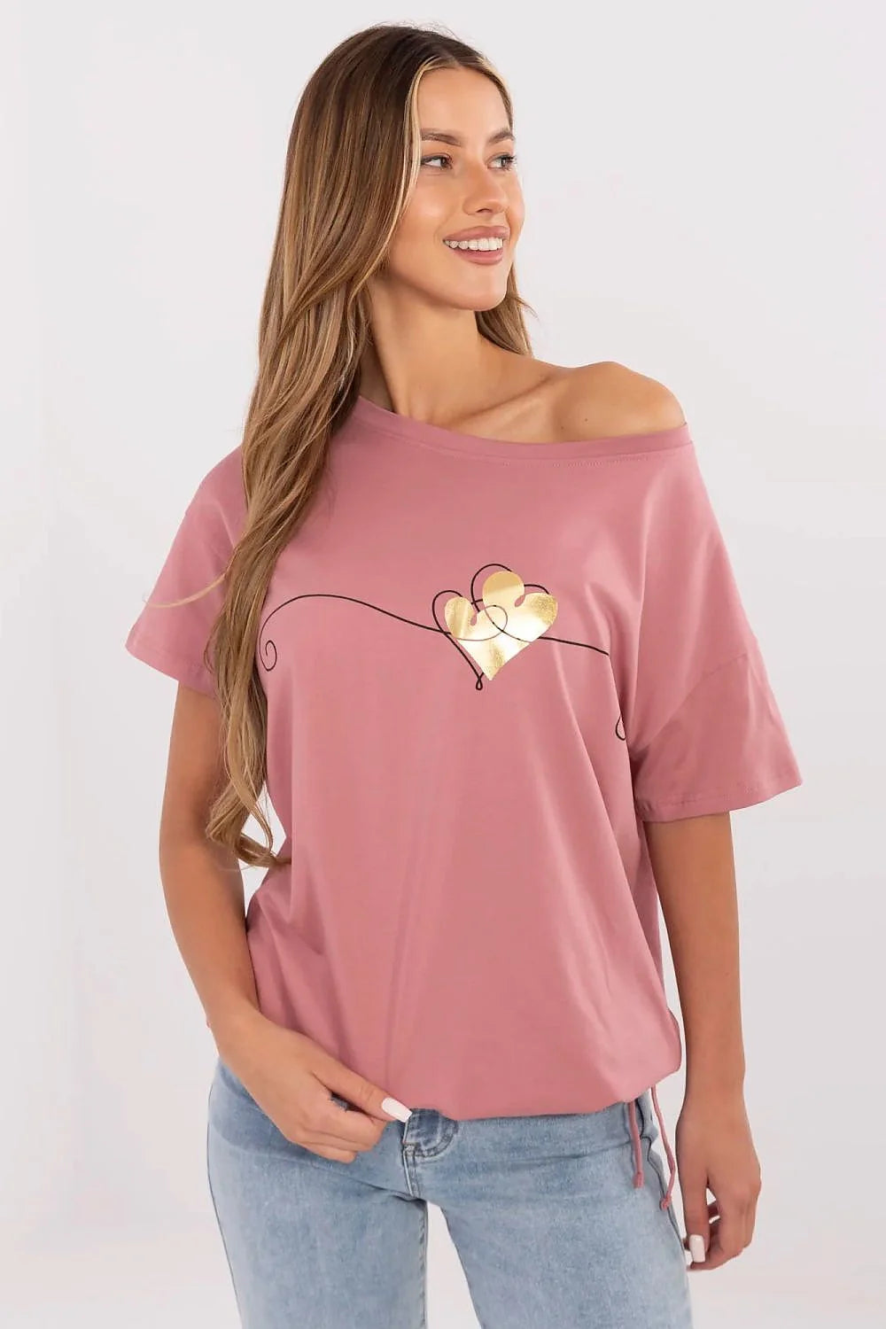 T-shirt femme ample coupe moderne impression graphique cœur doré manches courtes en coton rose pastel