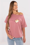 T-shirt femme ample coupe moderne impression graphique cœur doré manches courtes en coton rose pastel