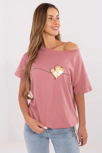 T-shirt femme ample coupe moderne impression graphique cœur doré manches courtes en coton rose pastel