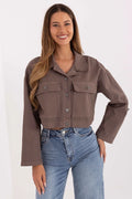 veste shacket utility femme coton twill taupe coupe boxy col chemise fermeture boutonnée ourlet raccourci manches longues poches poitrine rabat