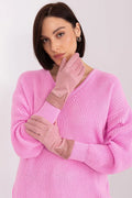 ensemble femme pull maille côtelée ample décolleté manches longues poignets resserrés gants suédine doublure thermique rose poudré empiècements cuir boutons