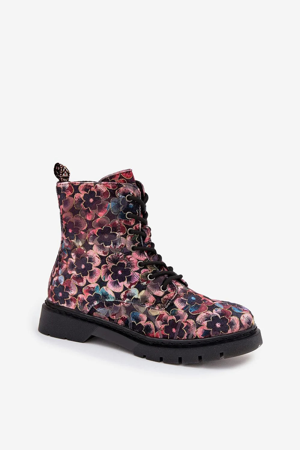 bottines femme Artiker talon plat confort stabilité laçage zip latéral doublure chaude tige fleurie multicolore velours semelle crantée