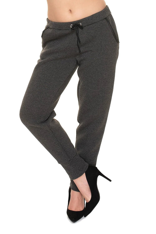Pantalon de jogging femme coton écologique gris ajusté confortable avec cordon taille poches latérales