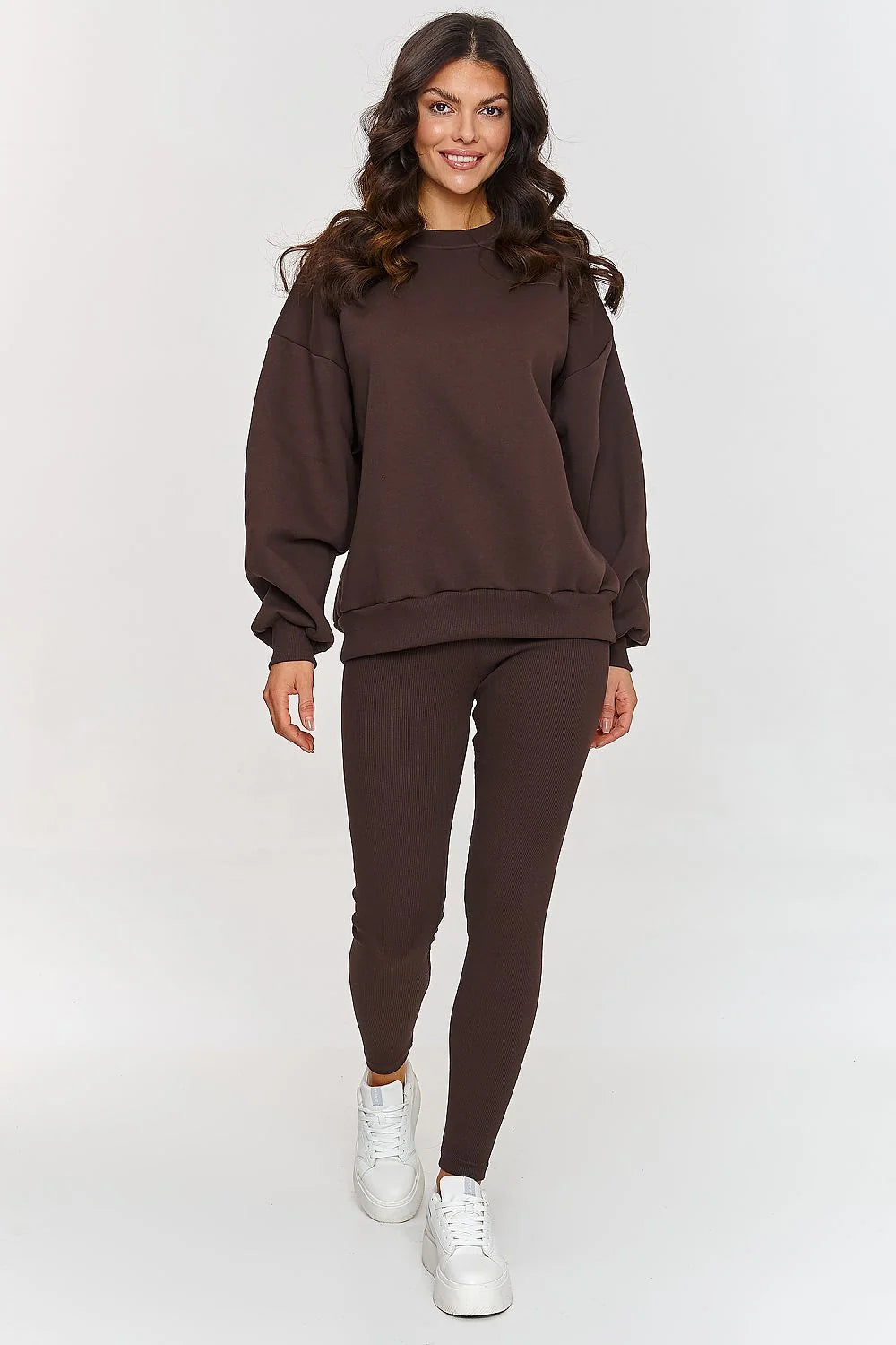 Ensemble Makadamia Femme Confort Style Casual Coupe Oversize Leggings Sweatshirt Brun Foncé Coton Élasthanne Élégance Décontractée Occasions Quotidiennes