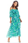 Robe longue en mousseline, style bohème romantique, motifs tropicaux, idéale pour un été décontracté