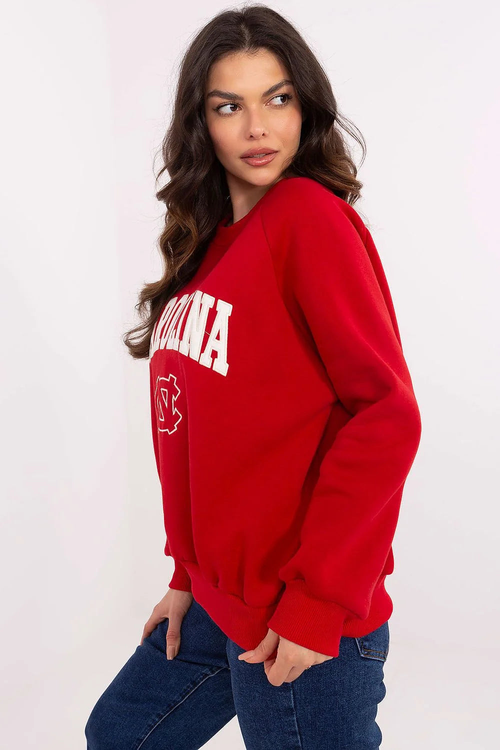 Sweatshirt femme col rond style universitaire manches longues coupe décontractée Carolina lettrage blanc
