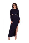Robe de soirée élégante longue manches longues coupe près du corps bleu marine détails originaux fermeture éclair dissimulée femme