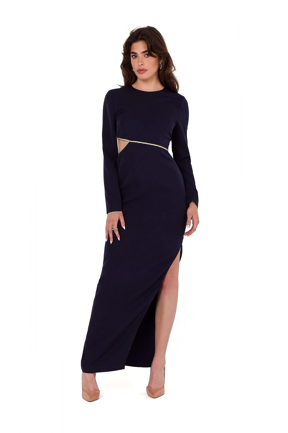 Robe de soirée élégante longue manches longues coupe près du corps bleu marine détails originaux fermeture éclair dissimulée femme