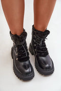 bottines femme simili cuir noir montantes rangers bout rond semelle crantée épaisse col doublé fourrure laçage fermeture éclair