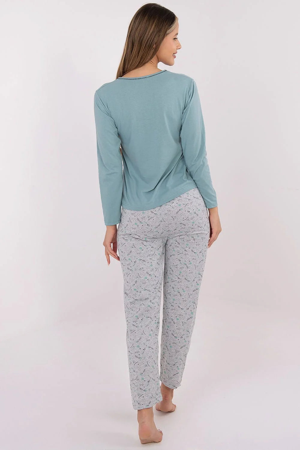 pyjama femme coton doux respirant confortable élégant ensemble haut manches longues fleurs tracé noir pantalon jambes droites cheville micro imprimé