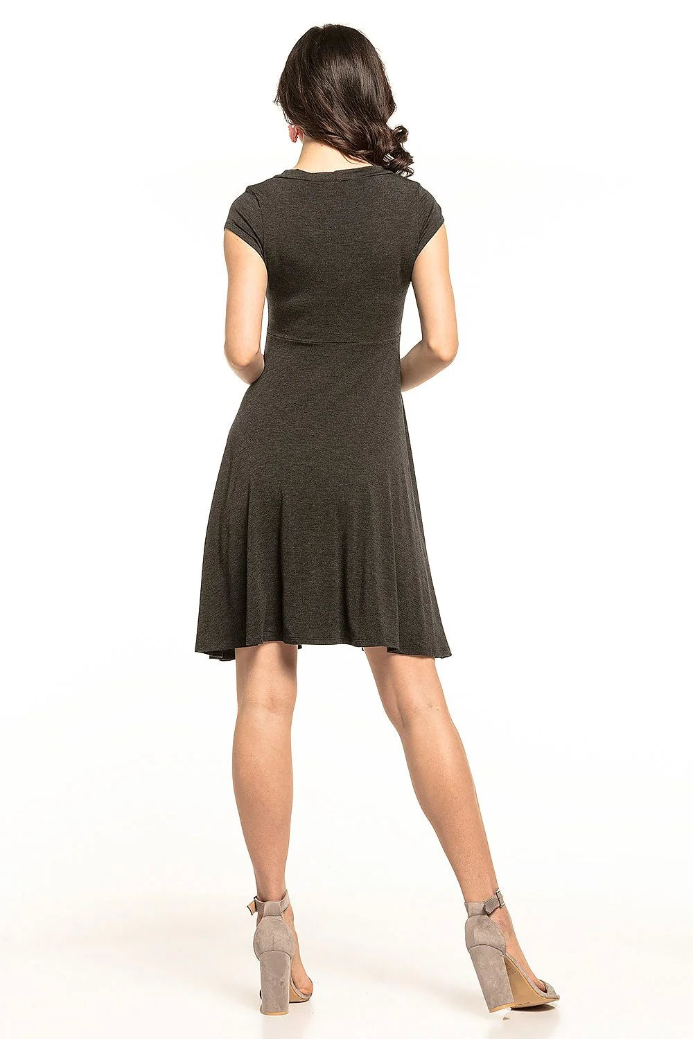 robe cocktail Tessita jersey anthracite femme élégante moderne col V manches courtes empiècement souspoitrine cintrée jupe évasée plis souples fluide