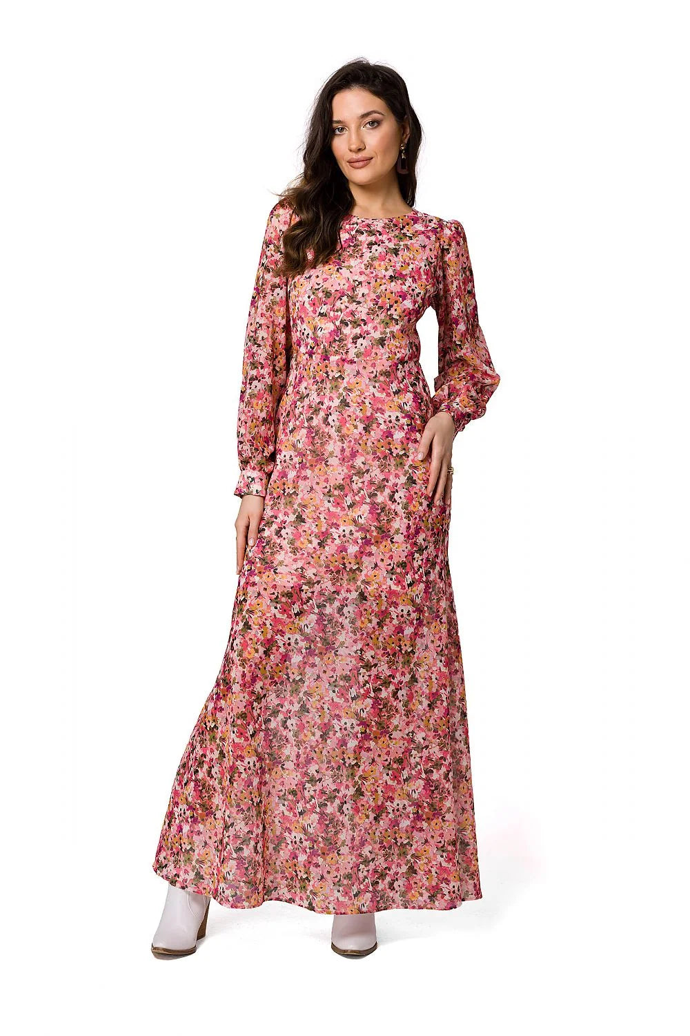 Robe de soirée Makover longue manches longues dos ouvert imprimé floral polyester femme occasion spéciale