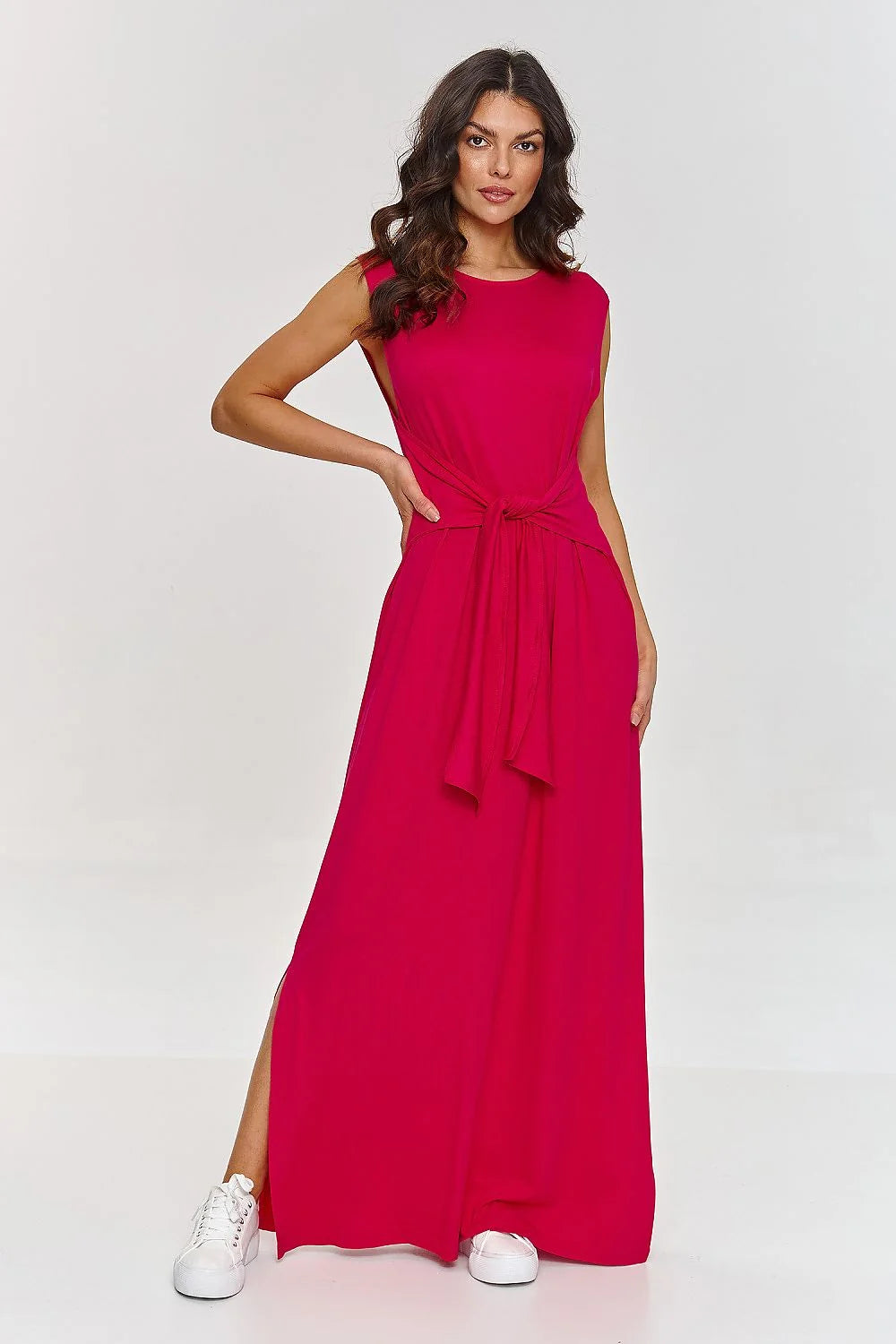 Robe de jour élégante longue sans manches coupe ample taille ajustable fuchsia femme été printemps