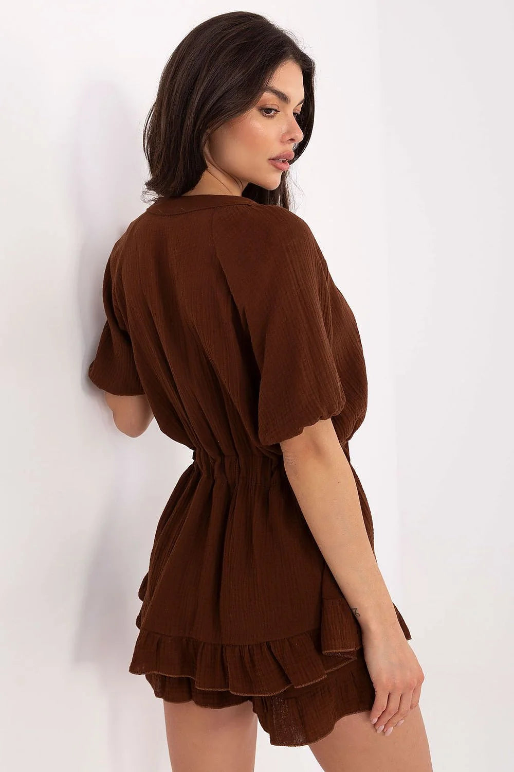 Combinaison courte femme style décontracté raffiné coton léger manches courtes puffed encolure boutonnée taille élastiquée occasion été