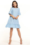 robe Tessita polyester élasthanne élégante bleu clair coupe trapèze courte col rond nœud manches volants ourlet froncé fluide confortable estivale