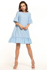 robe Tessita polyester élasthanne élégante bleu clair coupe trapèze courte col rond nœud manches volants ourlet froncé fluide confortable estivale