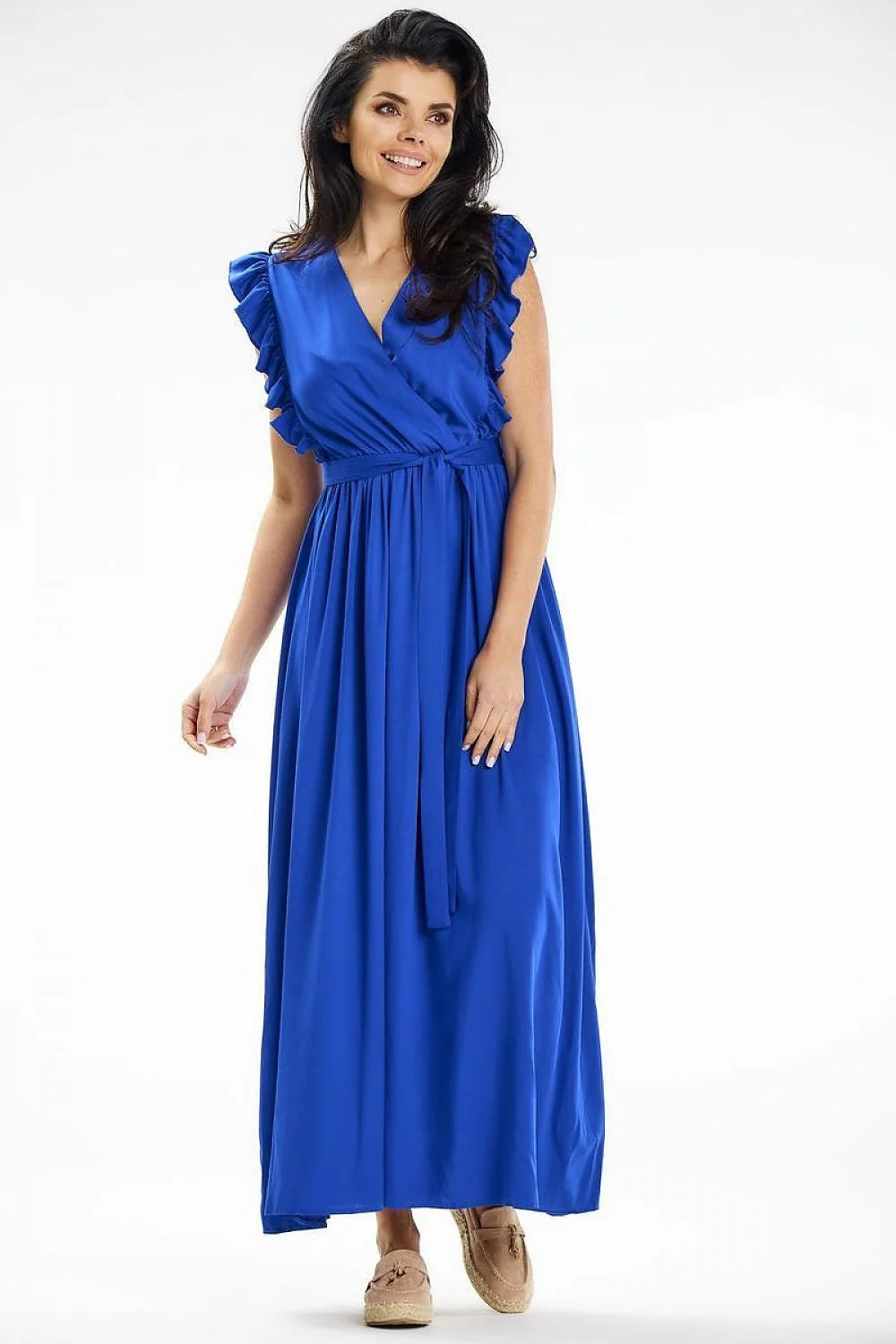 Robe de jour élégante longue manches courtes en V puff sleeves taille élastique couleur bleu cobalt femme