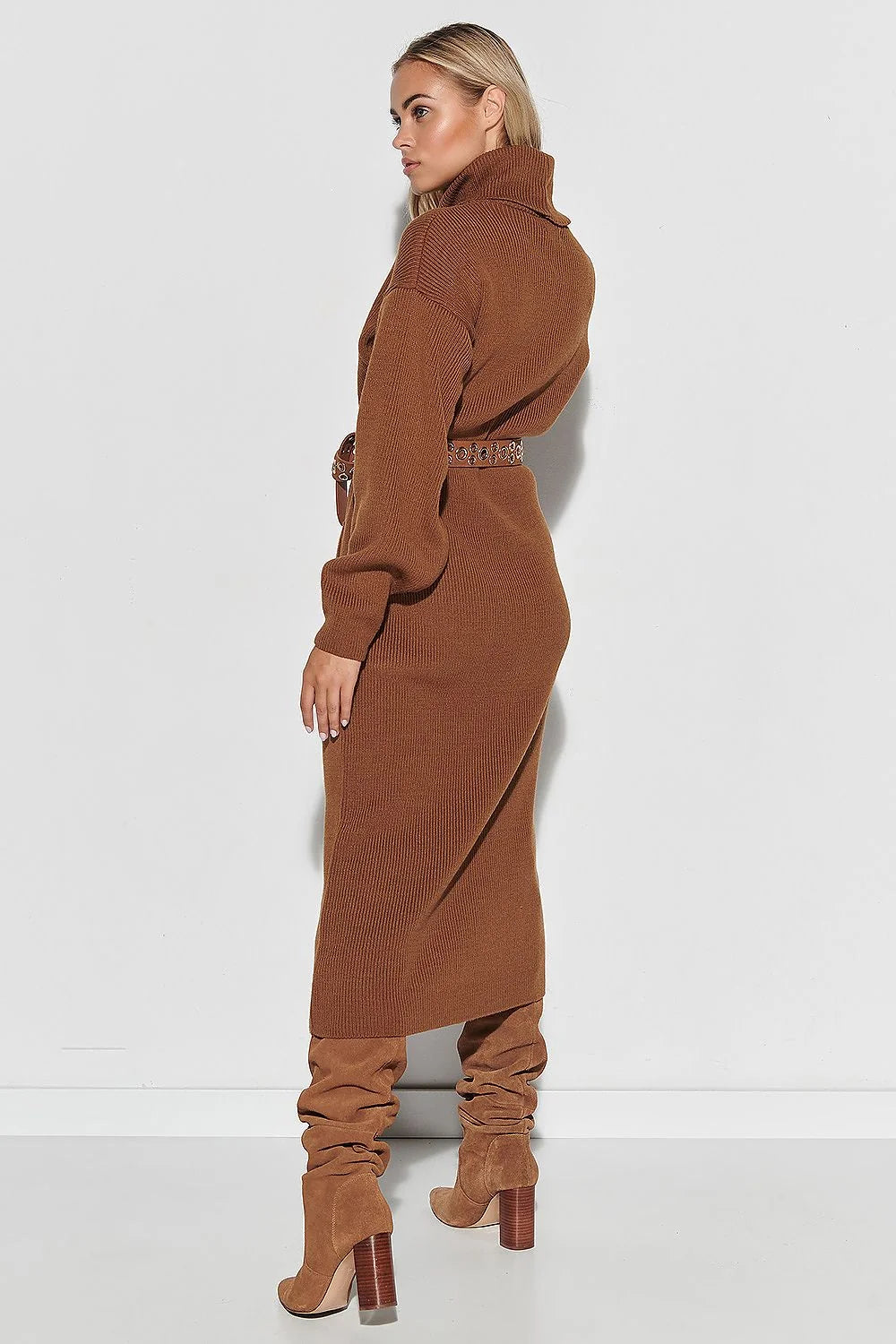 Robe de jour Makadamia longue col roulé manches longues maille tricotée couleur caramel brown femme