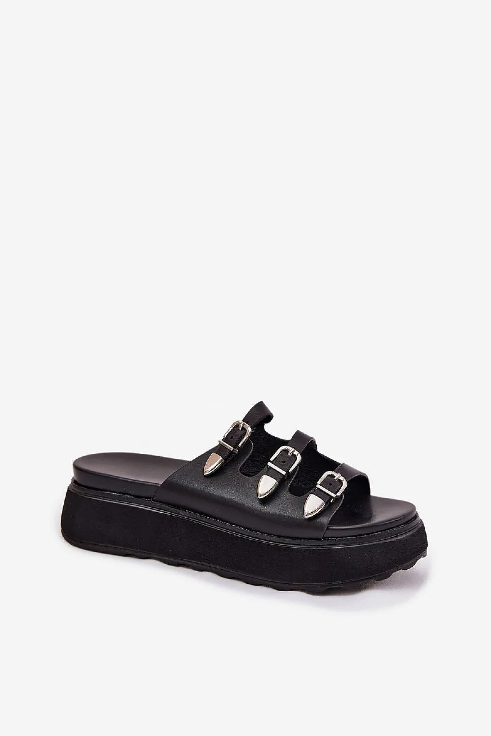 Sandales platesforme femmes cuir écologique noir straps réglables boucles argentées été confort style moderne