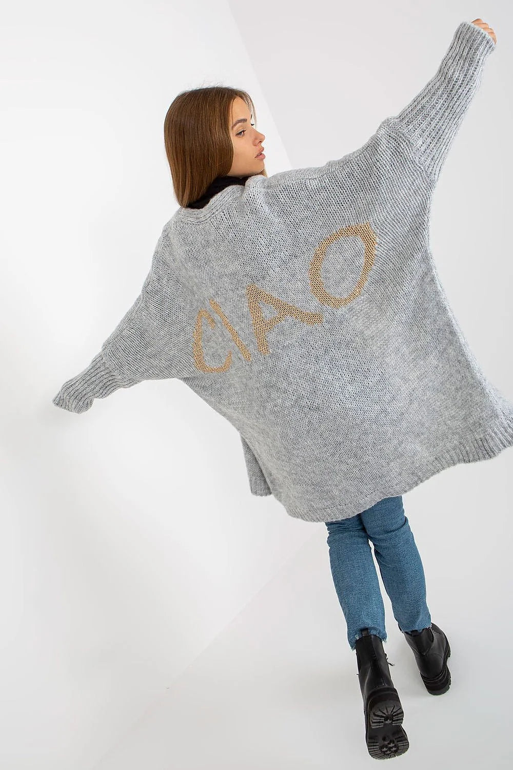 Cardigan Och Bella pull-over femme couleur bleue mot ciao dos modern design décontracté coupe ample matières douces