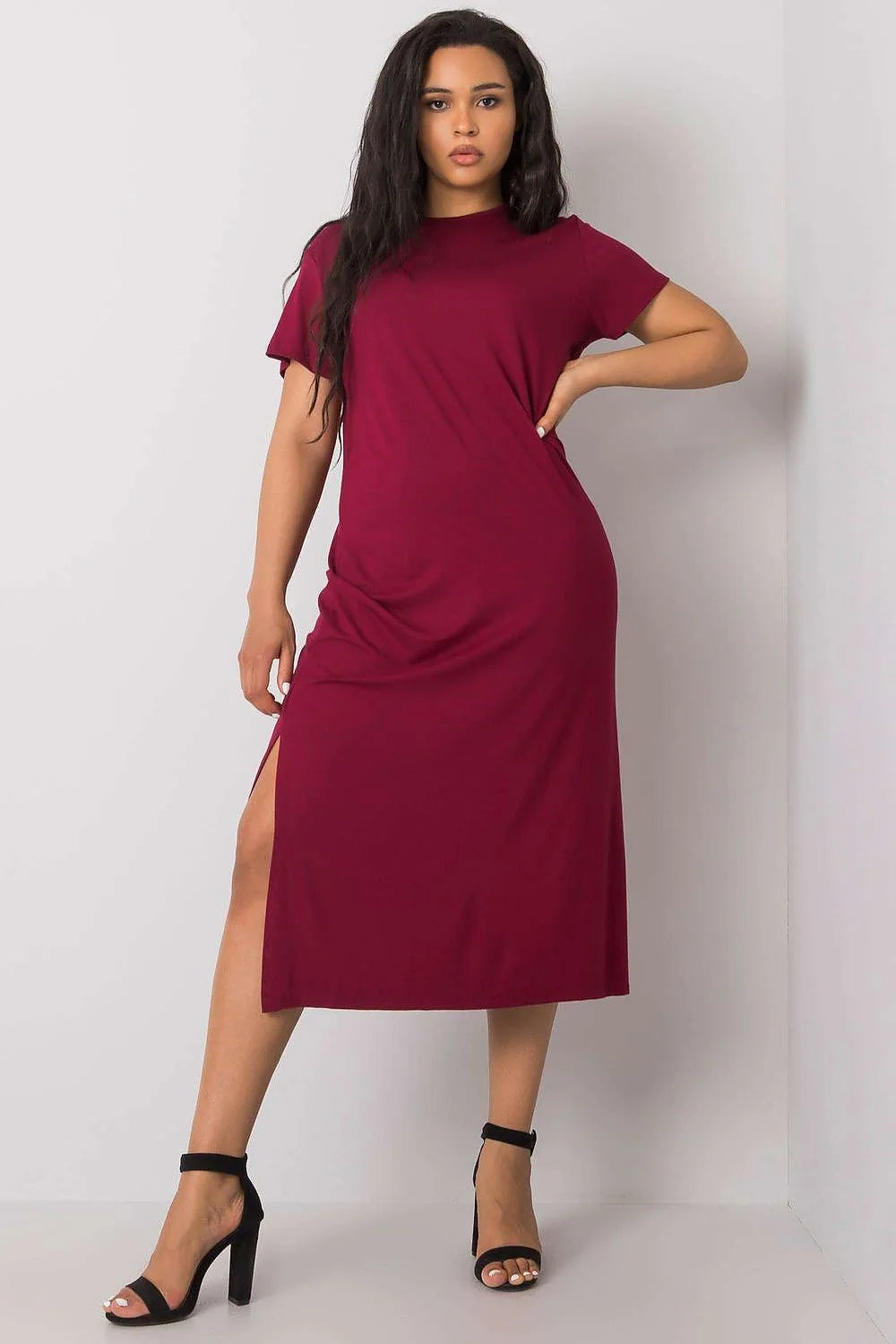 Robe d'été taille plus manches courtes robe bordeaux fente latérale mi-longue viscose elasthanne femmes confortable