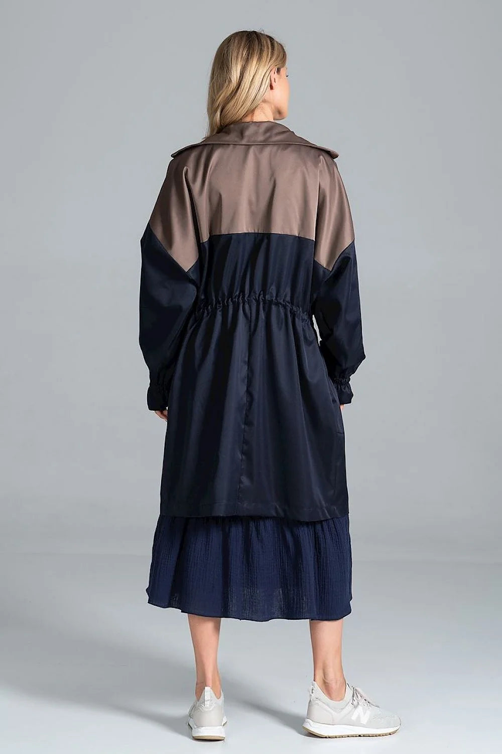 Manteau femme polyester bicolore gris clair beige long élégant urbain capuche mi-saison mode automne
