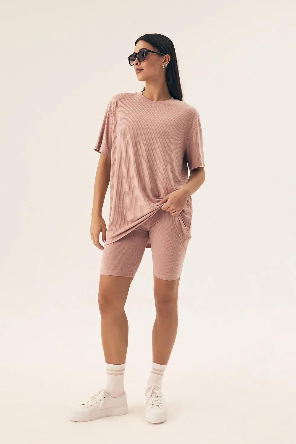 Pyjama Henderson femme confortable élégante tissu côtelé rose doux ample semi-circulaire leggings élastique genou